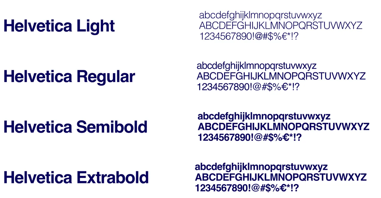 Helvetica Light, Regular, Semibold y Extrabold con su alfabeto, del manual de identidad