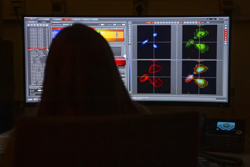 Investigadora ante imágenes de microscopía en pantalla